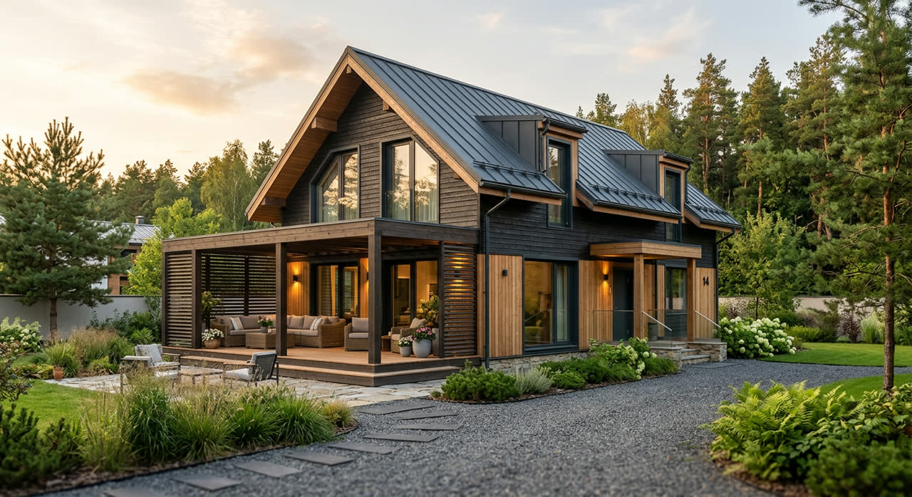 Дом с мансардой 130 м², каркасный, фасад, SHAD-030