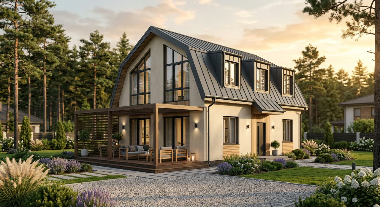 Дом с мансардой 105 м², из газобетона, фасад, SHAD-083