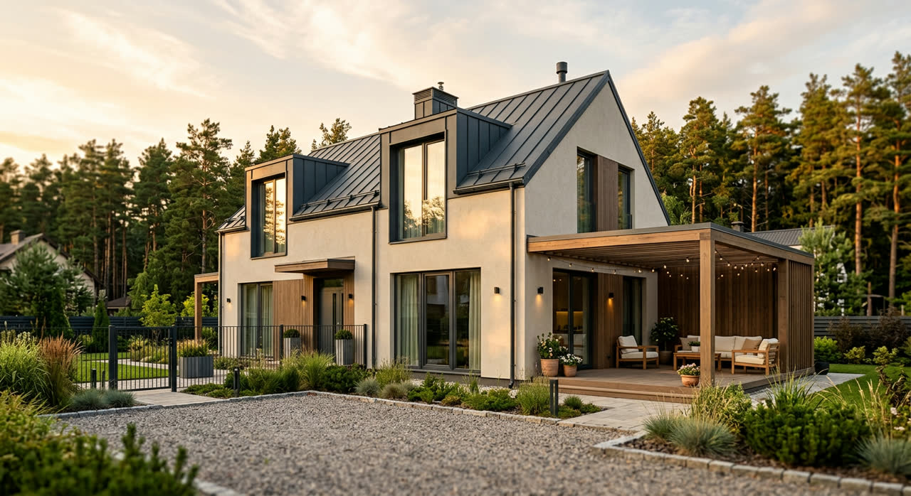 Дом с мансардой 107 м², из газобетона, фасад, SHAD-084