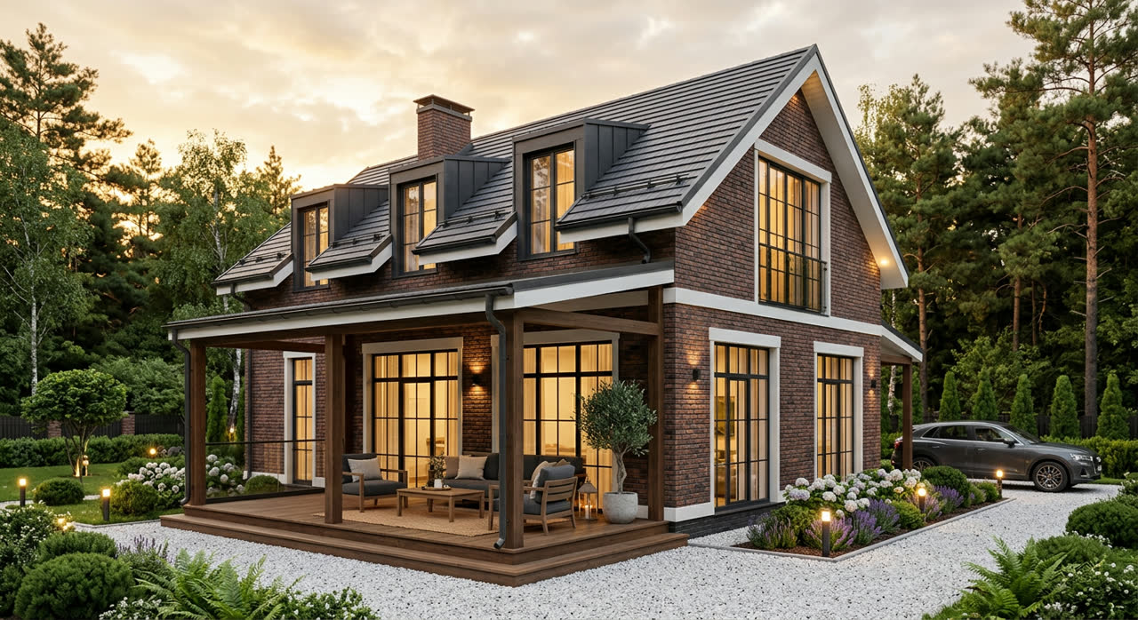 Дом с мансардой 142 м², кирпичный, фасад, SHAD-123